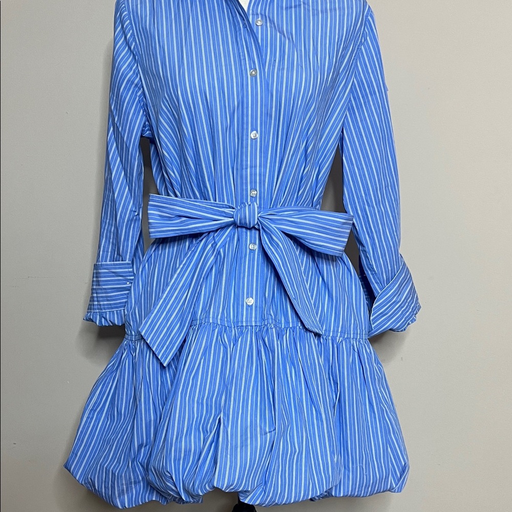 👔🐬🏳️NWT Elegant Blue Striped Shirt Mini Bubble Dress - Picture 3 of 17